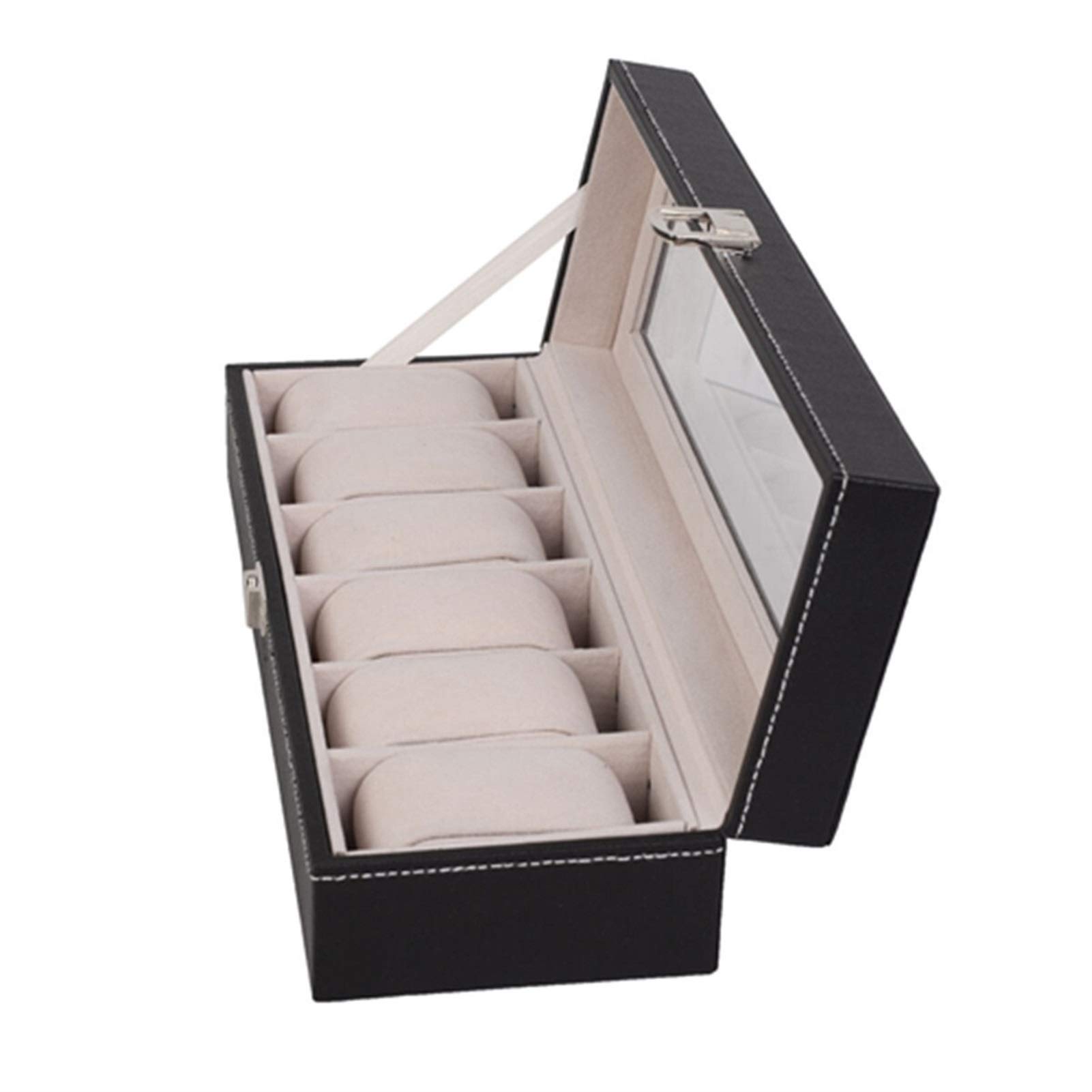 Uhrenbox, Schwarze Uhrenaufbewahrungsbox aus PU-Leder, Organizer-Box mit Glasdeckel, Uhrenbox mit 6 Fächern, Vitrine, Schmuckaufbewahrung, Uhren-Organizer zur Aufbewahrung und Präsentation
