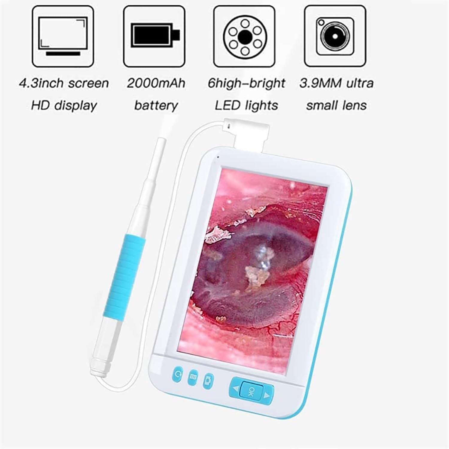 Przenośna cyfrowa kamera otoskopowa USB, funkcja Plug and Play, urządzenie do czyszczenia uszu HD 1080P 3,9 mm Len z ekranem IPS 4,3" i 6 diodami LED oraz uchwytem, ​​narzędzie do usuwania woskowiny