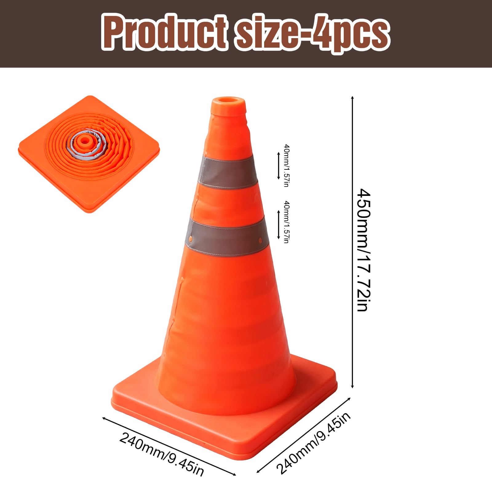 Lot de 4 Cone de Signalisation Pliable, 45 cm Plot de Chantier avec Bandes Réfléchissantes Pop up Cones De Sécurité pour Travaux Régulation du Trafic Parking Signalisation Routière avec Sa