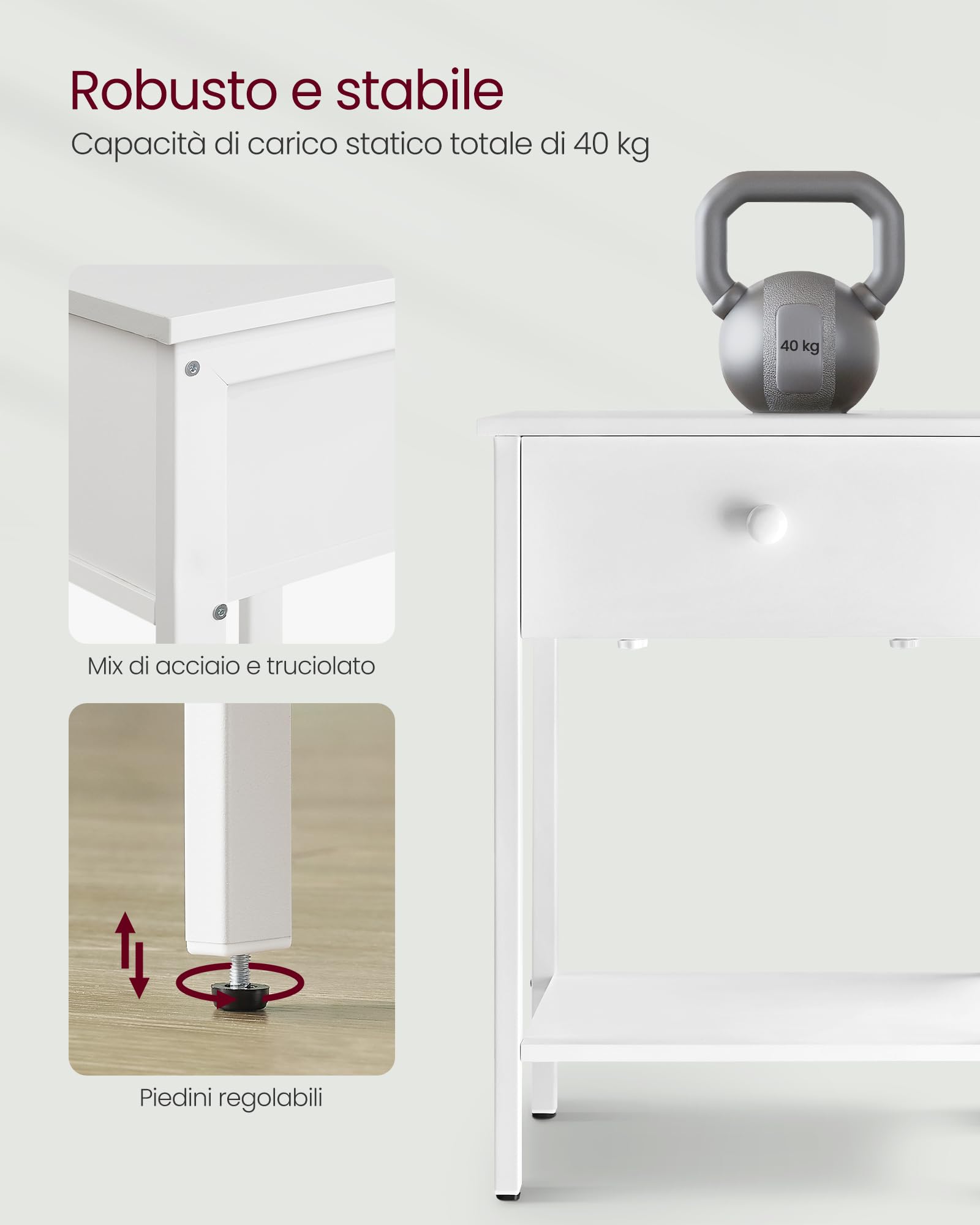 VASAGLE Set di 2 Tavolini, Comodini, con Cassetto e Ripiano, 40 x 40 x 55 cm, per Camera da Letto Soggiorno Salotto, Struttura in Metallo, Montaggio Facile, Bianco Opaco LET506W14