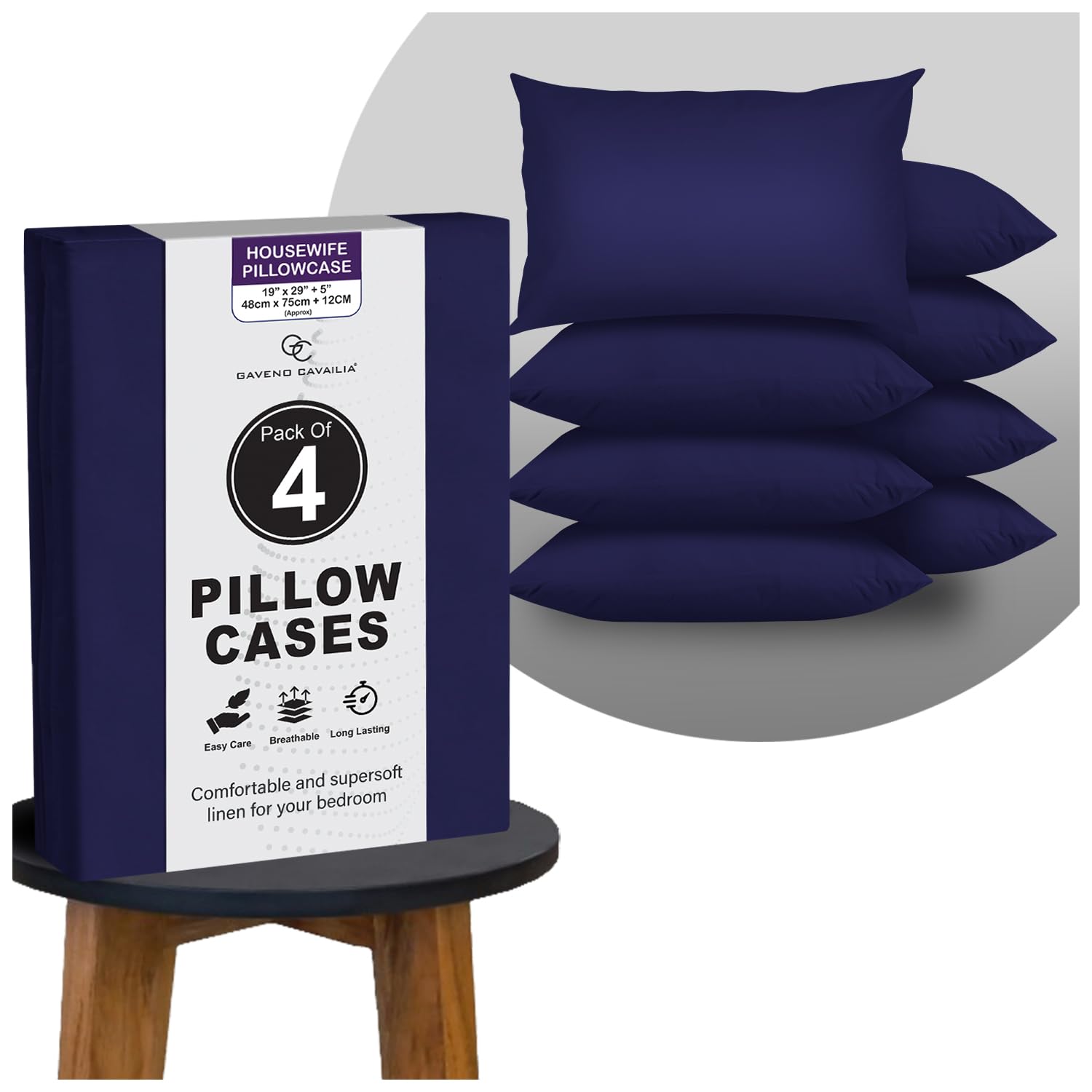 GC GAVENO CAVAILIA Plain Navy Pillow Cases 4 Pack | Breathable, Wrinkle, Soft Touch Polycotton Bedding Pillowcases | Hotel Quality Hypoallergenic Pillow Covers Envelope Closure 74x48 Cm
