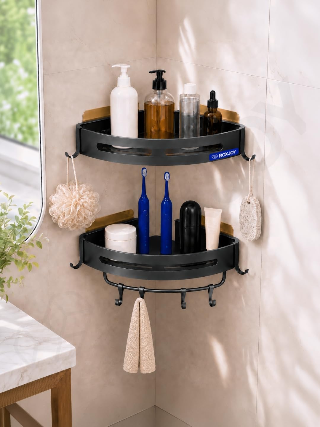 BOXJOY Set of 2 Metal Bathroom Organiser with & Without Drill with 5 Hooks