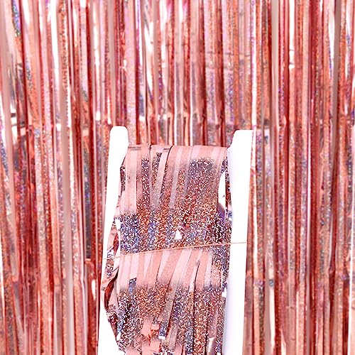 Image of 4 Pack Rose Gold Fringe Backdrop 12.8x8.2 Feet Sparkle Metallic Tinsel Foil Fringe Curtain, Rose Gold Backdrop Curtain Door Streamers for Birthday Bachelorette Graduation Christmas Party Decorations