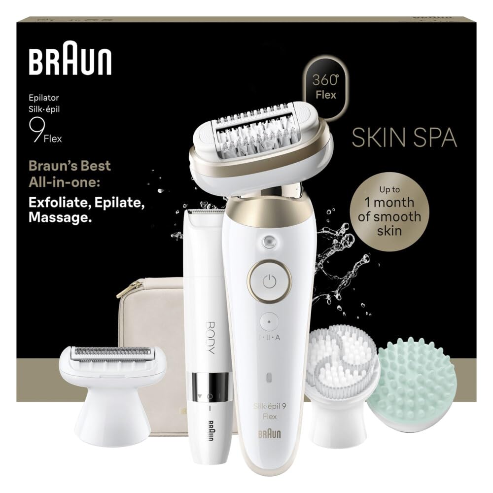 Braun Silk Epil 9 Flex SkinSpa Depilator elektryczny dla kobiet Elastyczna głowica 360° do prostej depilacji, golarka elektryczna dla kobiet, długotrwała gładka skóra, mokra i sucha, z mini trymerem