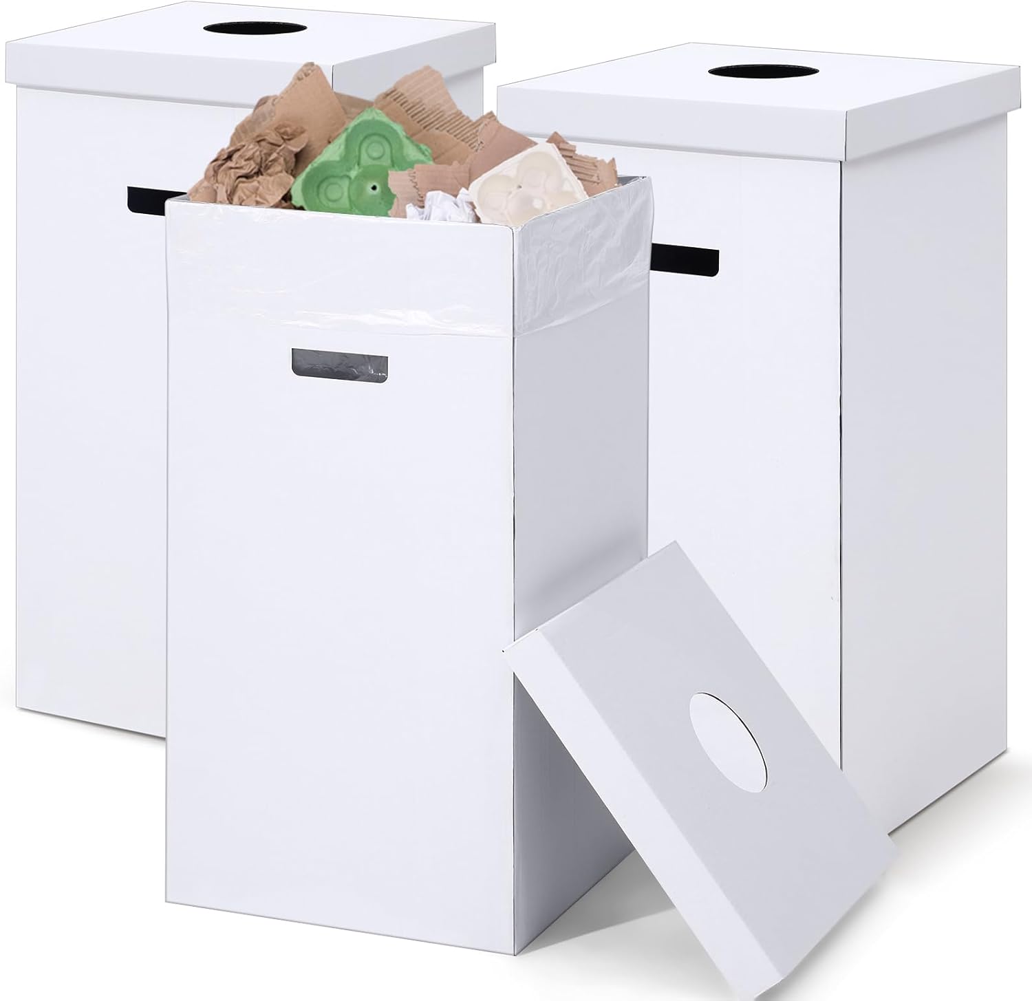 3 Pcs Cardboard Trash Cans with Lid Disposable and Reusable Corrugated Cardboard Trash Cans Recycling Bins Bulk with Garbage Bags White Rubbish Boxes for Parties Events (20 Gallon)