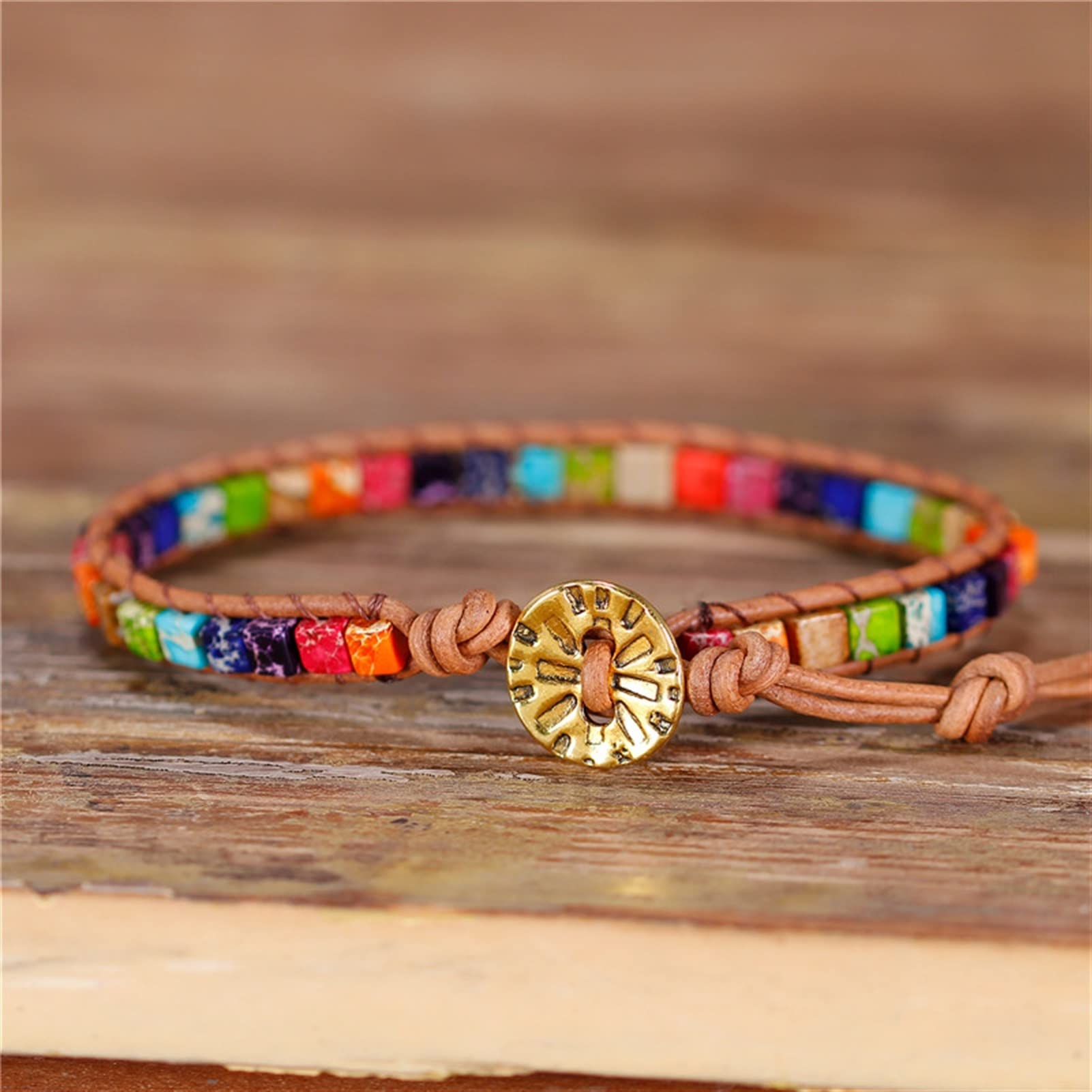 7 Chakra-Perlen-Armband, Mehrfarbig, Naturstein, quadratische Perlen, Leder-Wickelarmband, Liebhaberarmbänder, Geschenke, Schmuck, Armband, Schmuck