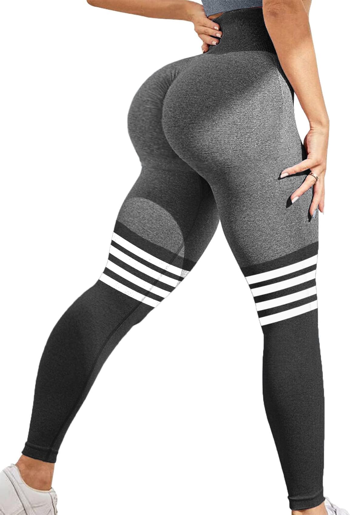 CROSS1946 Women's Scrunch Butt Lifting Workout High Waisted Tummy Compression Seamless Yoga Gym Athletic Pants, #3-2 My Stripe Bottom- Black, Medium