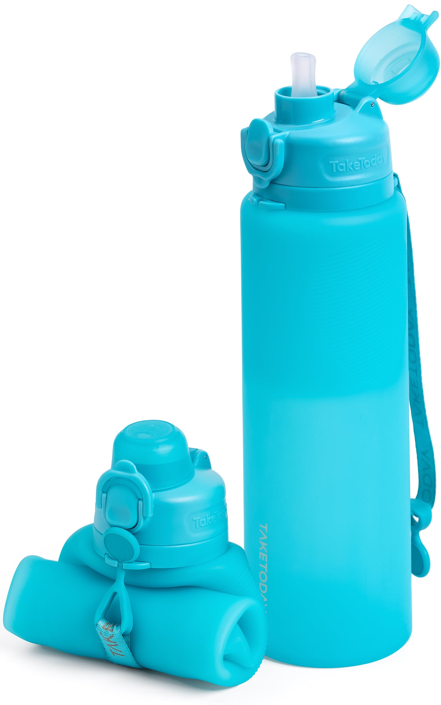 TakeToday Faltbare Reise-Wasserflasche mit Strohhalm, BPA-frei, Silikon, auslaufsicher, für Wandern, internationale Reisen, Outdoor, 900 ml, Blau