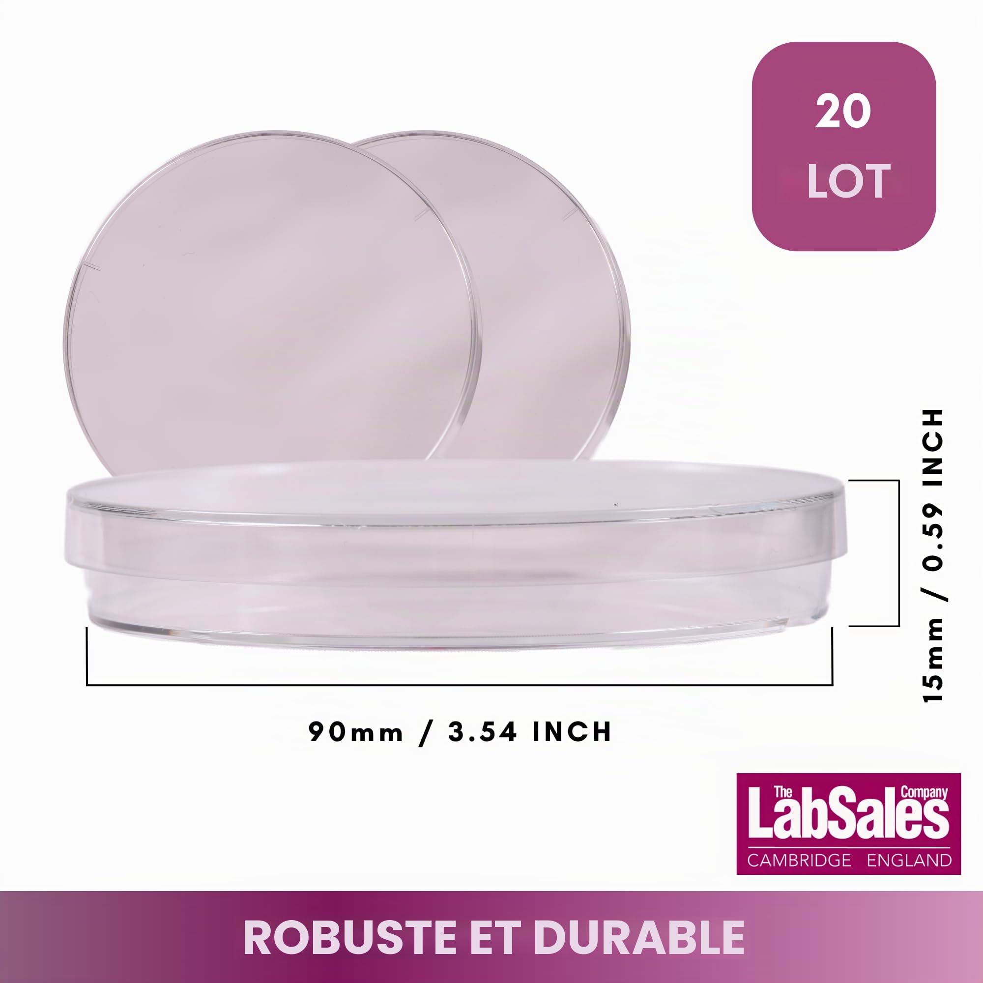 Labsales Lot de 20 boîtes de Petri stériles en plastique transparent non revêtues avec aération et couvercle, 90 mm x 15 mm de diamètre pour expériences scientifiques et laboratoires stériles et non