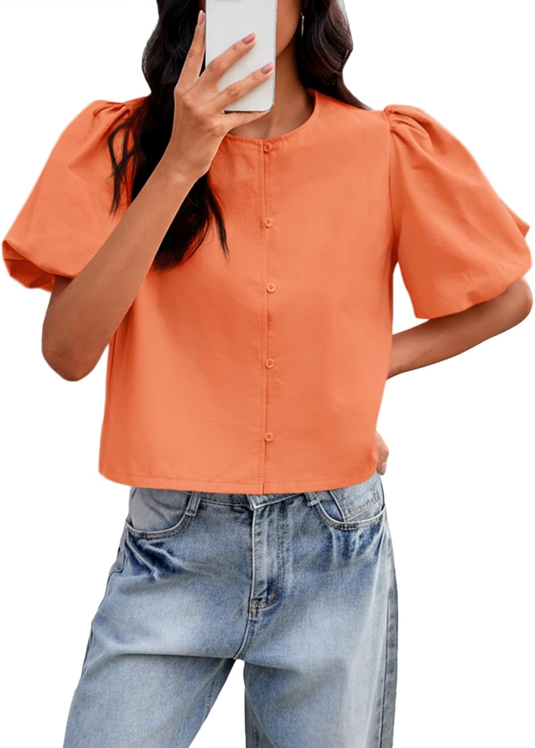 Tankaneo Womens Cropped Tops Puff Sleeve Button Down Shirts Trendy Casual Loose Fit Cute Blouse