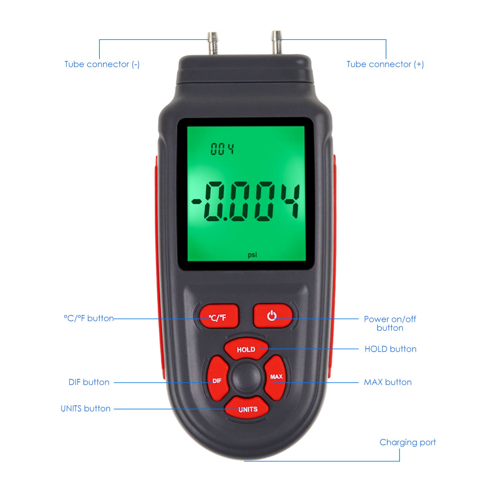 Manometro professionale Tester di pressione del gas Calibro del campo di misurazione ±3 psi HVAC 12 UUnità Selezionabili Doppia Porta Differenziale Misuratore di pressione dell'aria