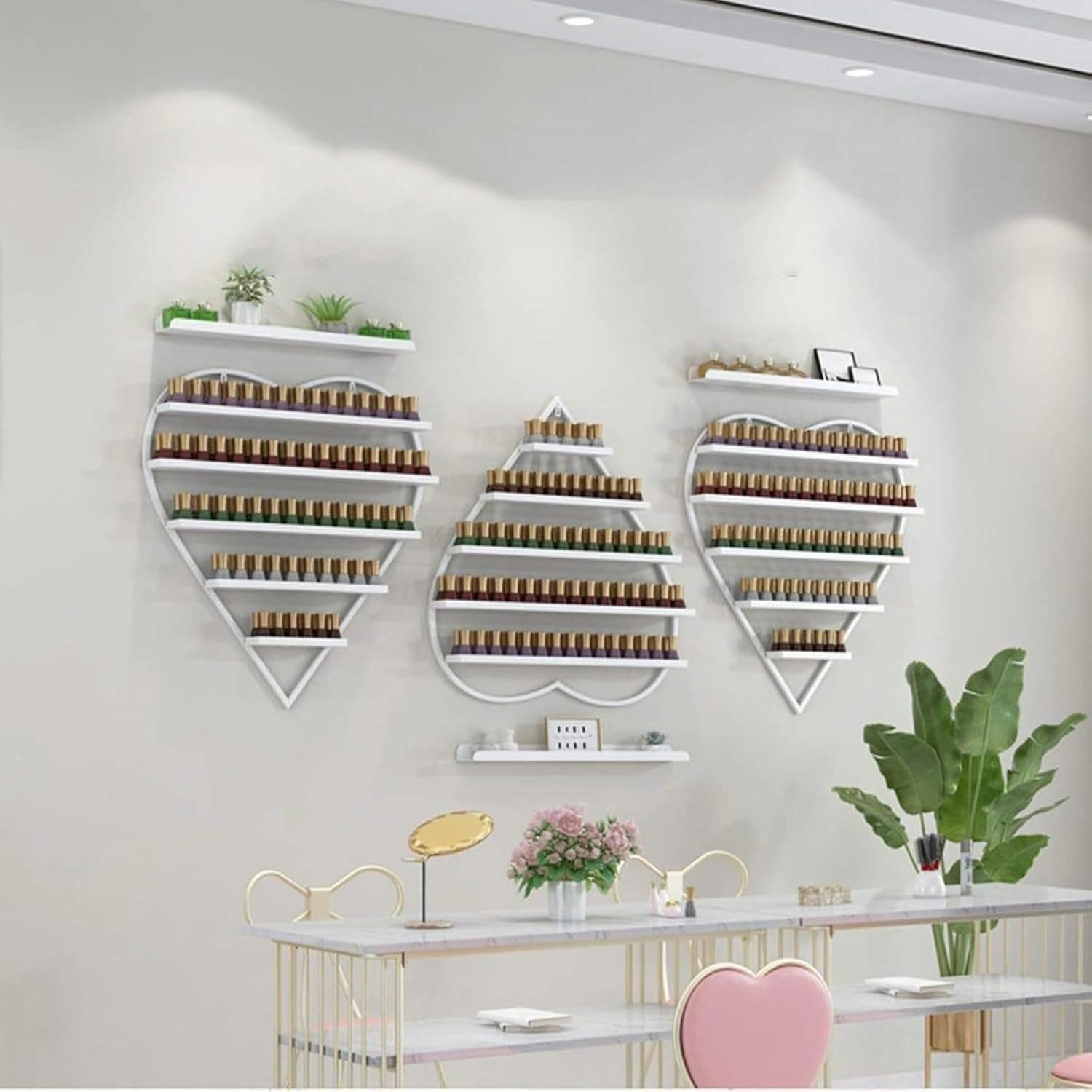 Espositore a 5 ripiani per cosmetici, montaggio a parete, in ferro, per smalti, rossetti e profumi, perfetti per saloni di bellezza e spa domestiche, contiene fino a 420 bottiglie (d)