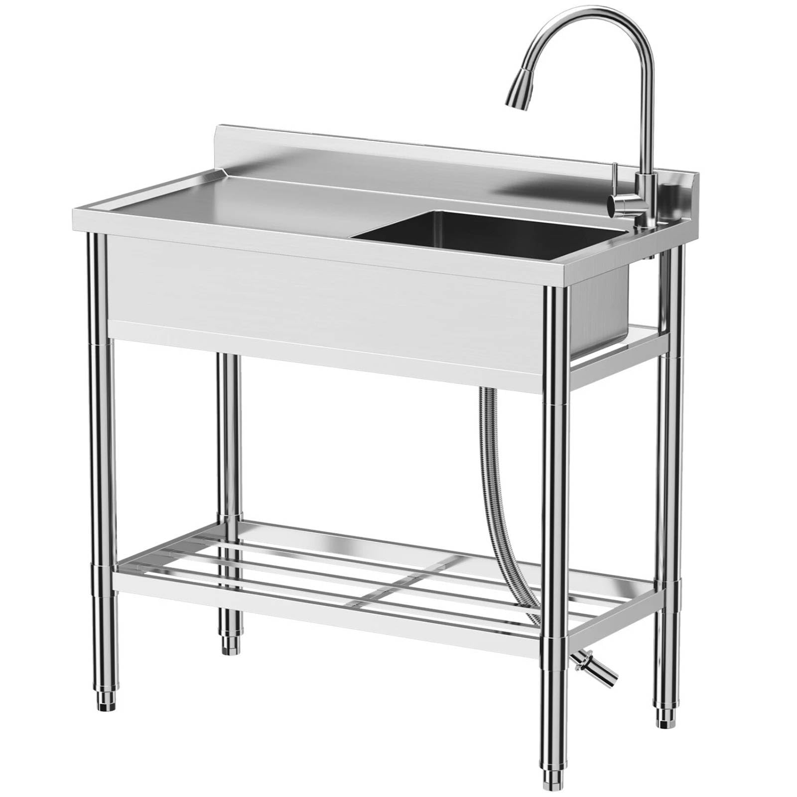 Waschbecken Set Küchenspüle aus Edelstahl Freistehende Spüle Gewerbespüle Spülenbecken Spülentisch mit Wasserhahn und Kalt- Und Warmwasserleitung für Restaurants Geschäfte Küchen (100x50 cm)