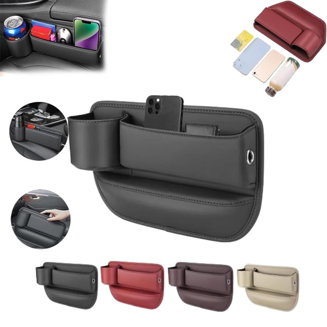 Portabicchieri per auto, in pelle PU, impermeabile, per intervallo di sedili, interni auto, borsa multifunzione per riporre telefoni, occhiali, chiavi