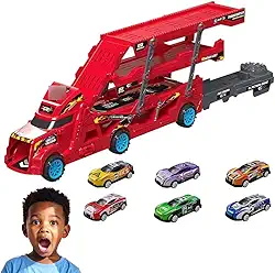 Caminhão Cegonha Catapulta Com 8 Carrinhos Inclusos De 3 Andades Retrátil Pista Lançadora Brinquedo Ideal Para Presente Aniversário Natal Dia das Crianças (Vermelho)