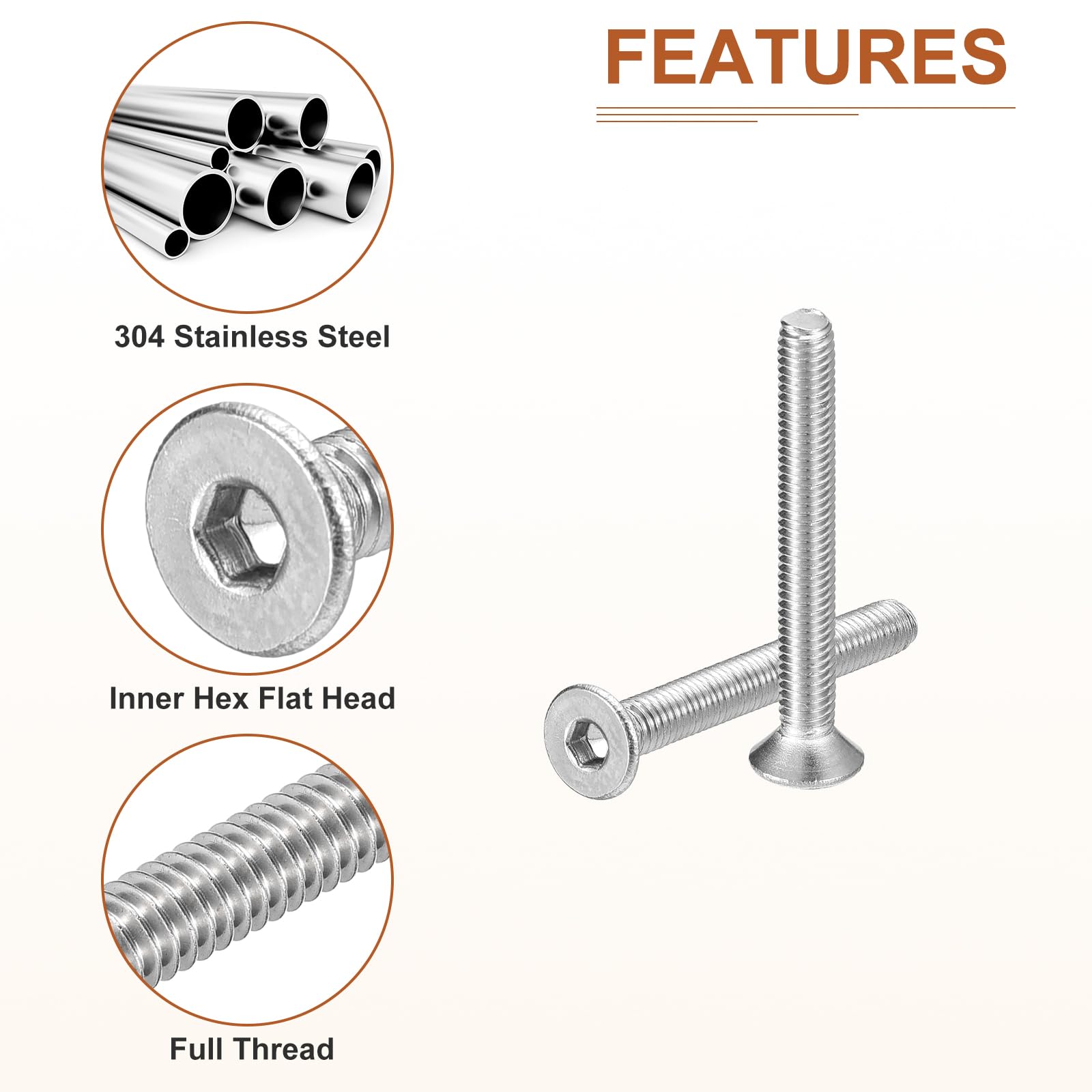 DTGN M3-0.5 x 25mm Flat Head Socket Cap Screws, 100 Pack 304 Stainless Steel Hex Socket Flat Head Screws, Full Thread - Image 4