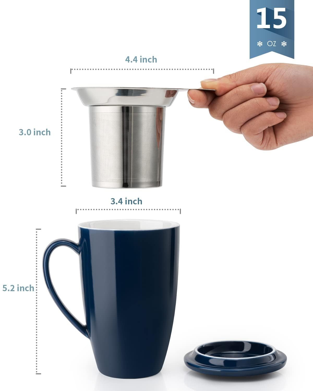 Tasse à thé en porcelaine avec infuseur et couvercle, accessoire de thé avec filtre, tasse à thé en vrac avec infuseur, 450 ml pour thé/café/lait/bureau/maison/cadeau (Beu Royal)