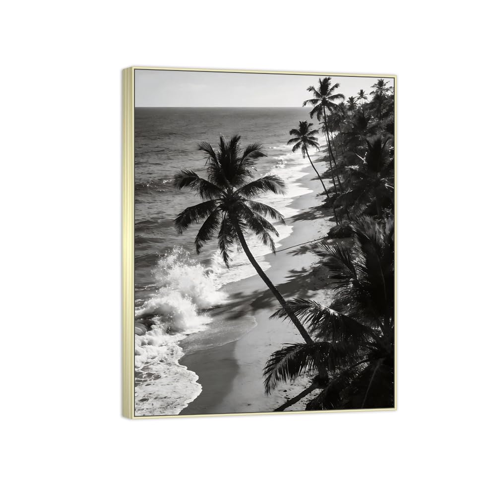 Sea Palm Tree 2 Black White Landscape Canvas Picture 90x117cm Silver Frame