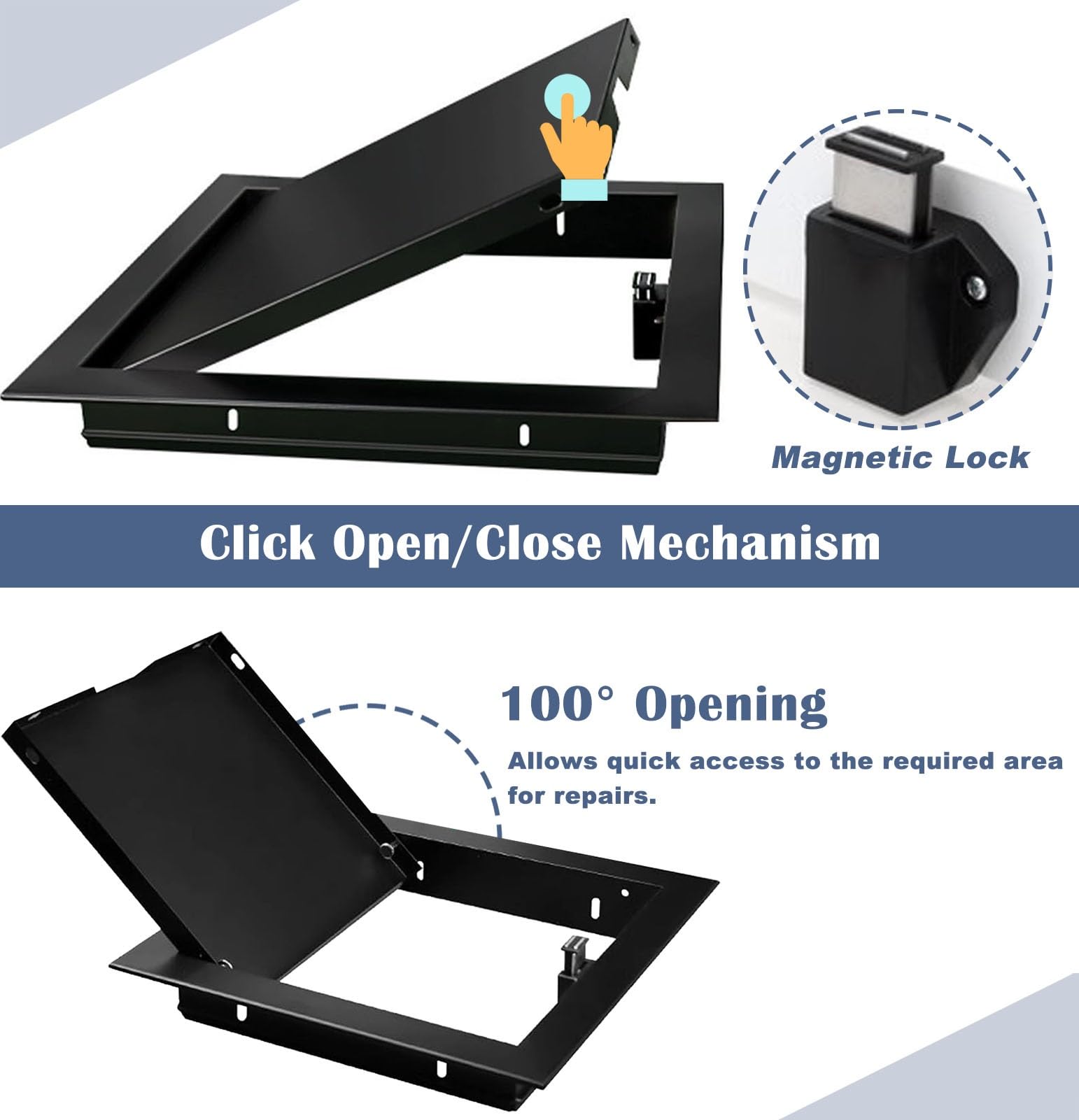 Trampilla Pladur Negro Panel de Acceso para Fontaneria Electrica, Puerta de Acceso a La Pared del Atico Metal, Click to Open Drywall Trampilla Pladur Tapa de Revisión Tapa Caja Fusibles, Incluye Torni