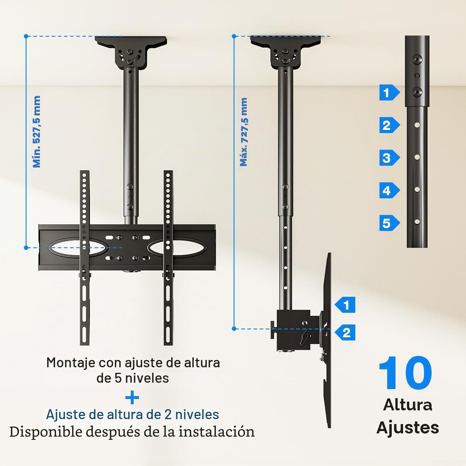Rfiver Soporte de techo giratorio ajustable para televisores de 32 a 65 pulgadas, rotación de 360°, soporta hasta 40 kg, VESA máximo 400 x 400 mm
