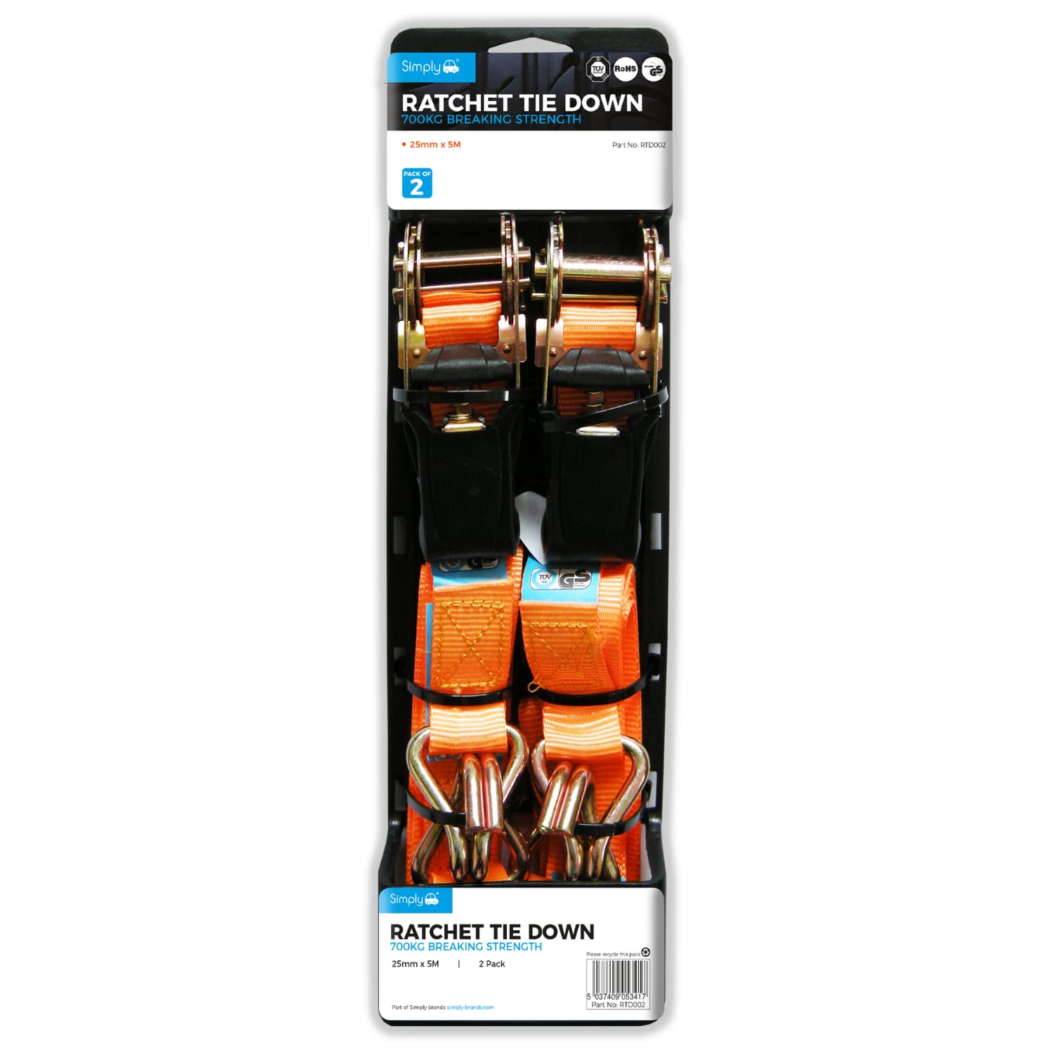 Simply Auto Pk2 25mm 5M Ratchet Tie Down Straps High Breaking Strength 700Kg from B&Q
