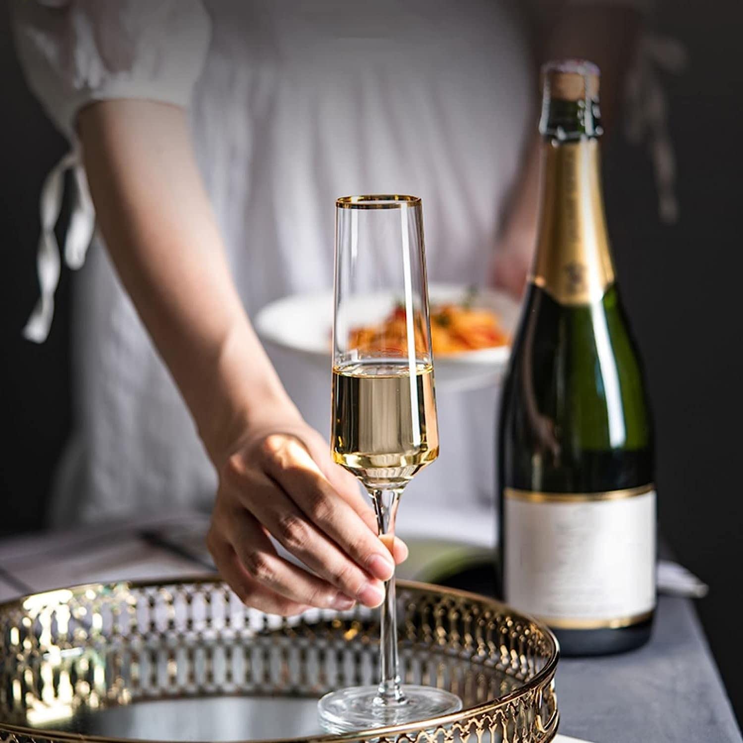 Flûtes à Champagne 230 ML Verres à Champagne à Bord doré Home Premium Goblet Set Flûtes à Champagne en Verre de Cristal pour Mariage, Anniversaire, Noël 2 pièces pour Les fêtes