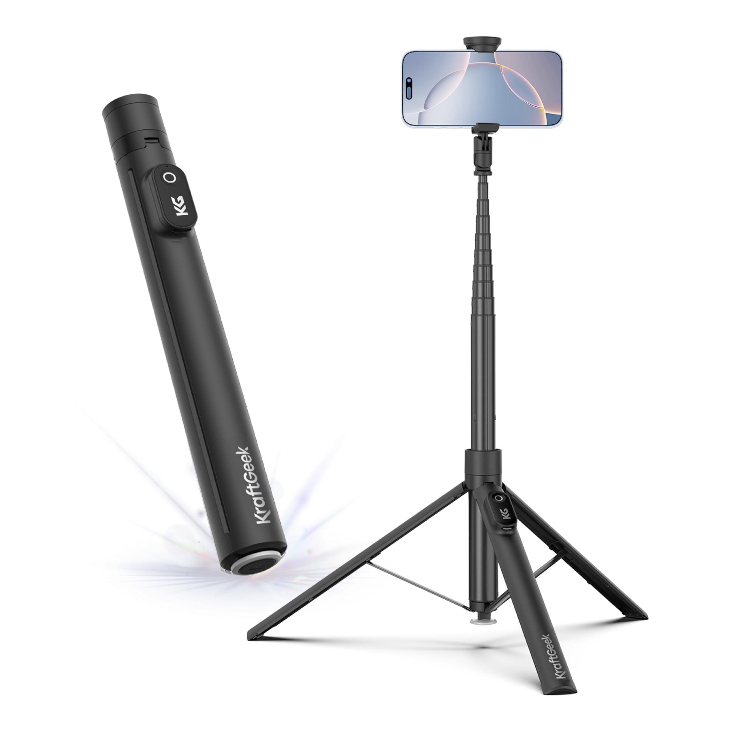 KraftGeek ジャストタップ ・スマホ三脚168cm｜iPhone用 三脚スタンド・自撮り棒｜Bluetoothリモコン付｜軽量コンパクト｜Vlog・旅行・集合写真に最適｜ブラック