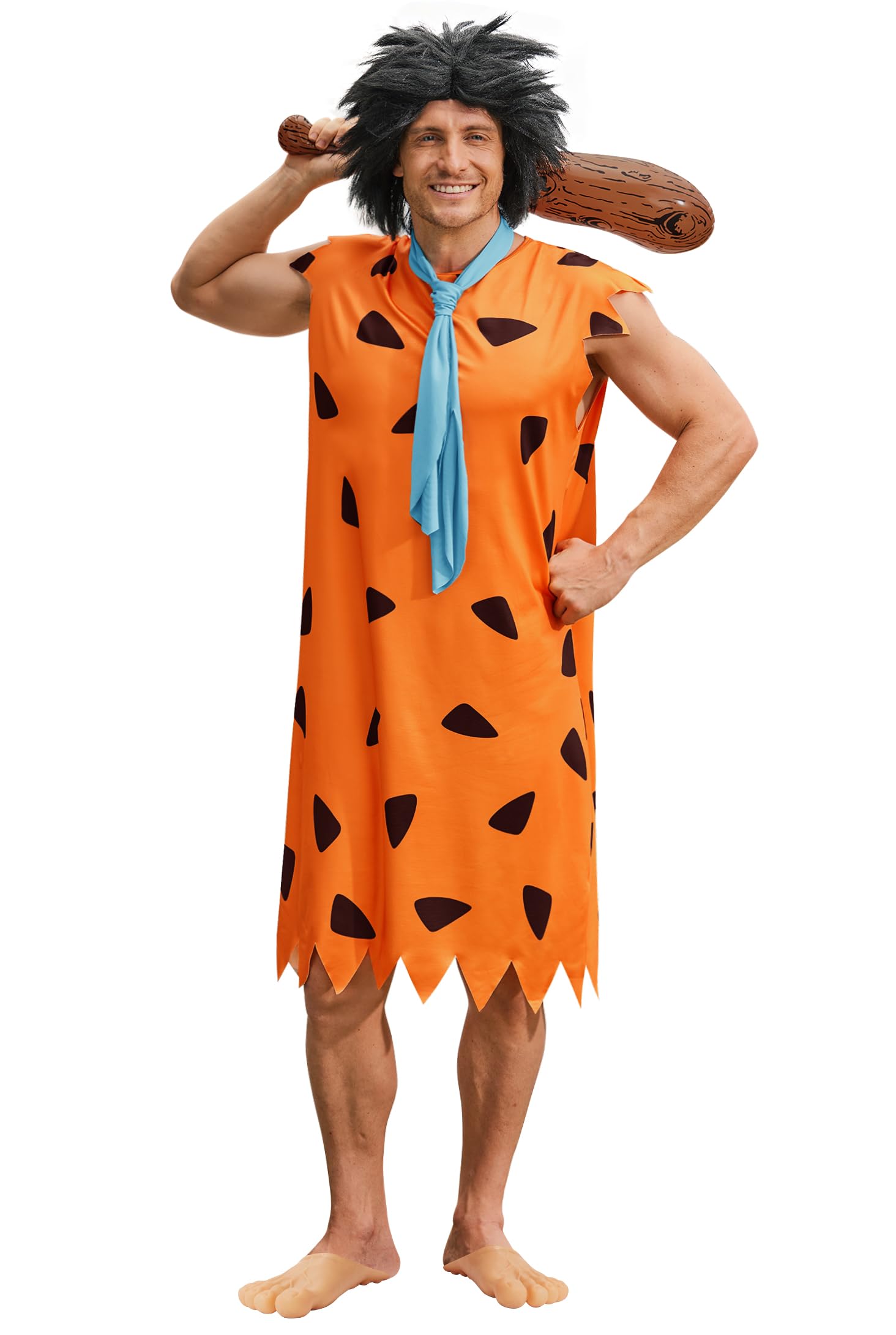 Mainfini Fred Funny Costume Caveman All Hallows Eve Masquerade Theme Party Orange Tunic Tie Wig Inflatable Club Cartoon Characters Classic Cosplay suit XL