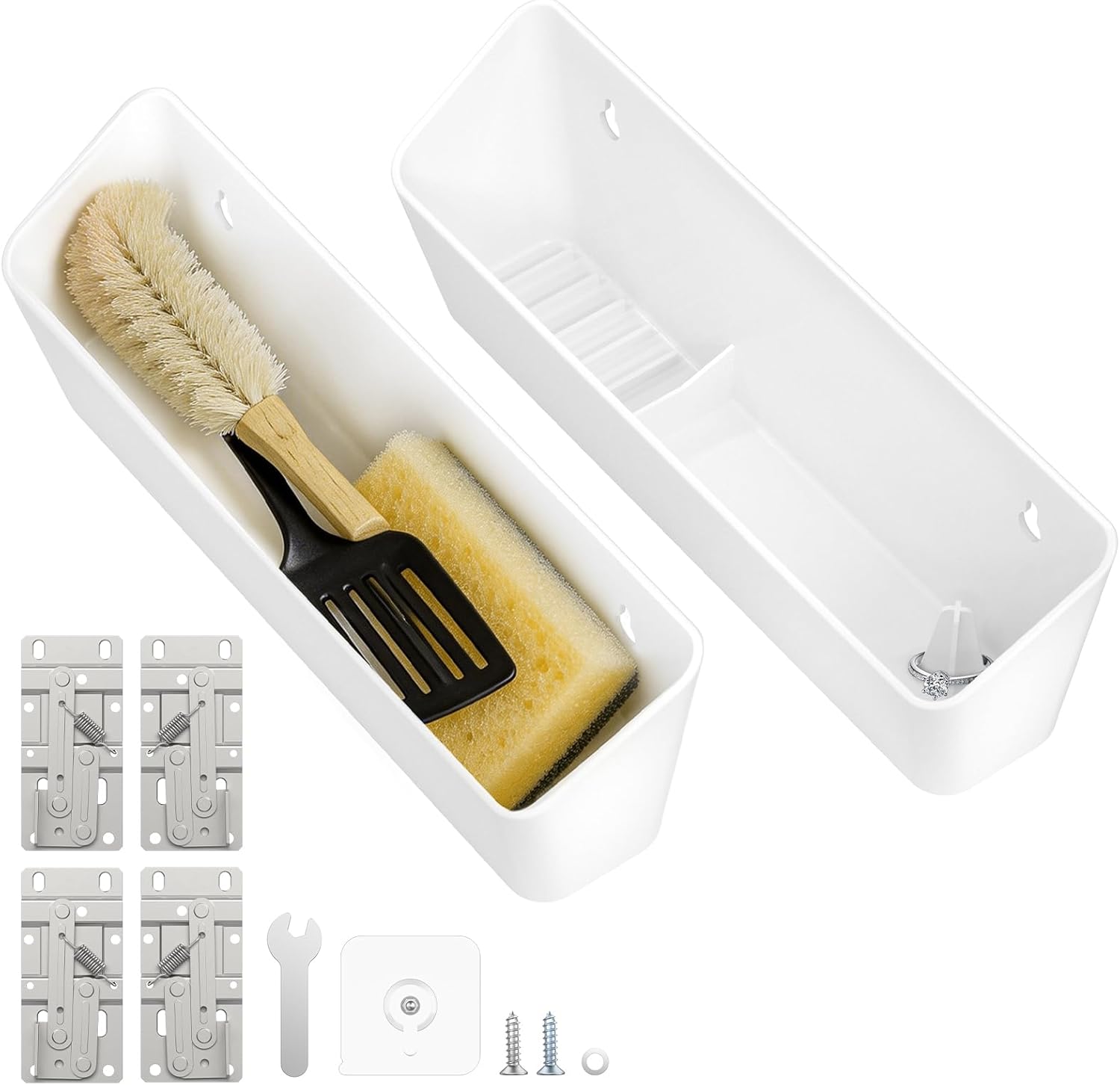 Furniware 11" Tip Out Trays with 2 Pairs Self Close Hinges，2 Pack Long-Lasting Polymer Sink Organizer，White Mountable Tray for Under Sink Base Vanity Laundry Room Cabinet