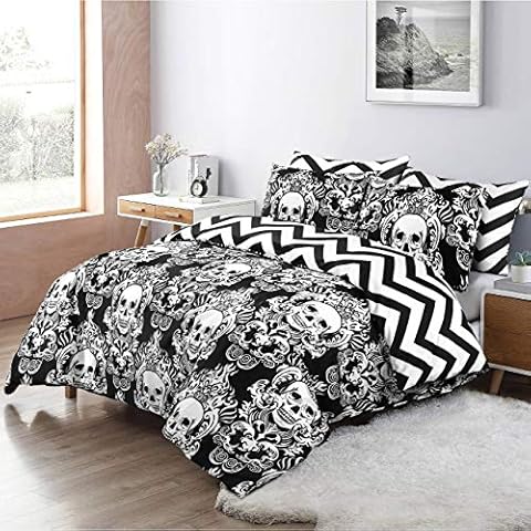 Duvet Cover Set 100% Cotton 200 Thread Count Halloween Gothic Skull Black Bedding Set Reversible Zig Zag Quilt Covers Double King Bed Size (King) Cover
