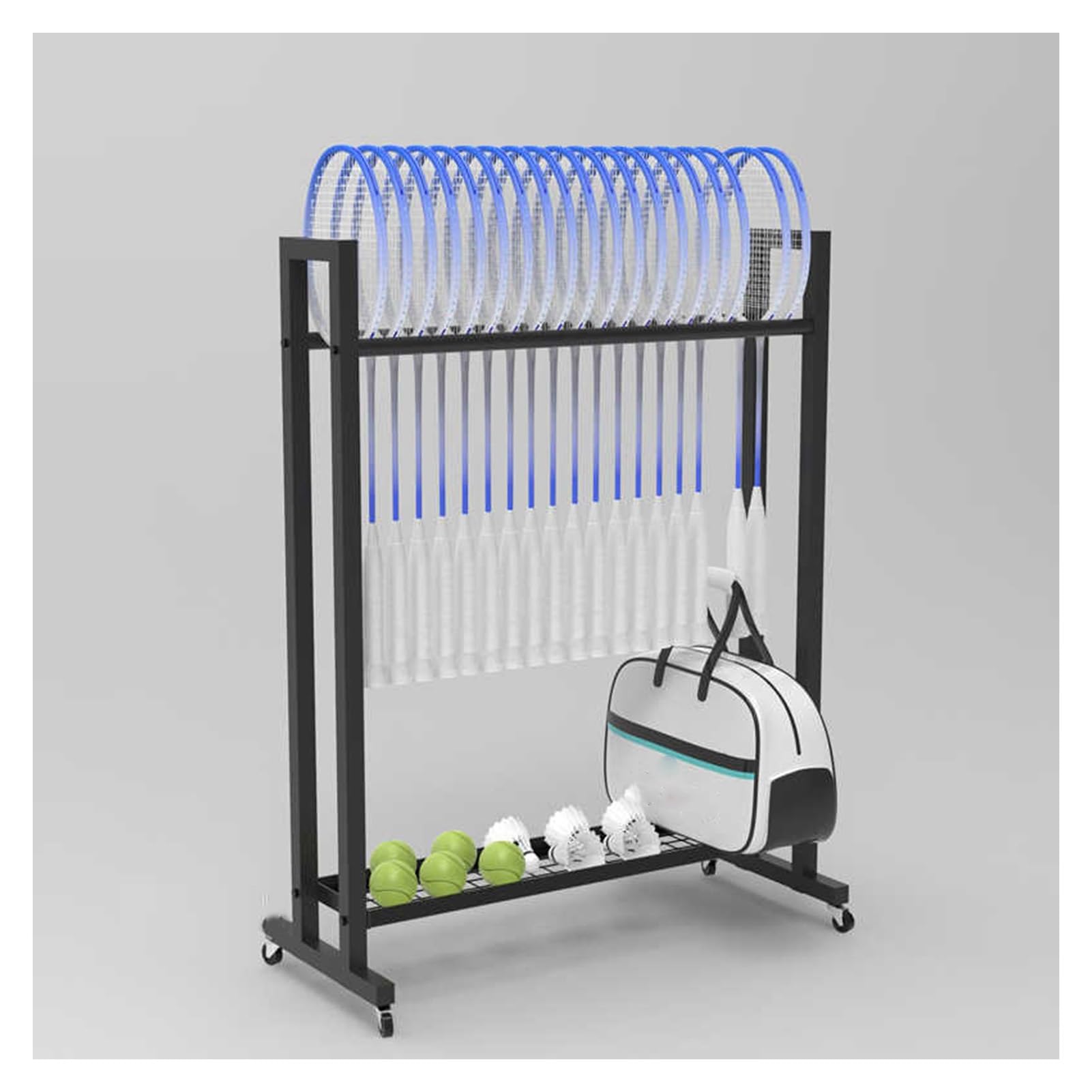 Estante para raquetas de tenis móvil con capacidad para 20 raquetas y carrito para pista