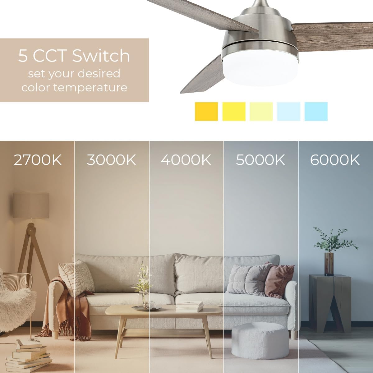 Gale 52in 3-Blade Smart Indoor or Outdoor Ceiling Fan 2700K-6000K CCT Tunable Range LED Light Kit in Brushed Nickel with Weathered Wood Blades Works With iOS or Android App