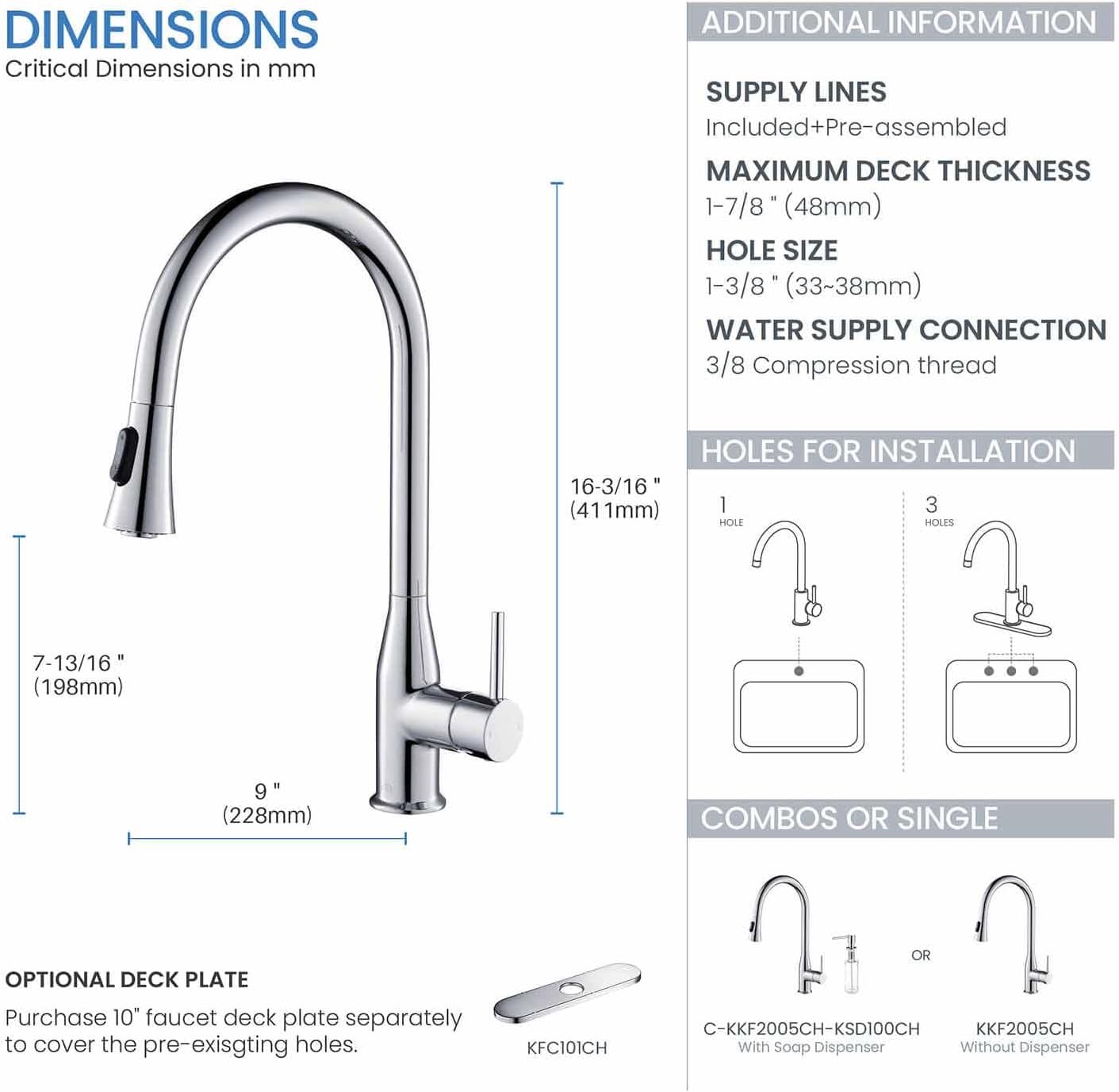 KIBI Napa Single Handle Pull Down Kitchen Faucet | Solid Brass High Arc Spout with 360° Swivel | Durable Kitchen Sink Faucet with Pull Down Sprayer for Easy Cleaning, Chrome Finish, KKF2005