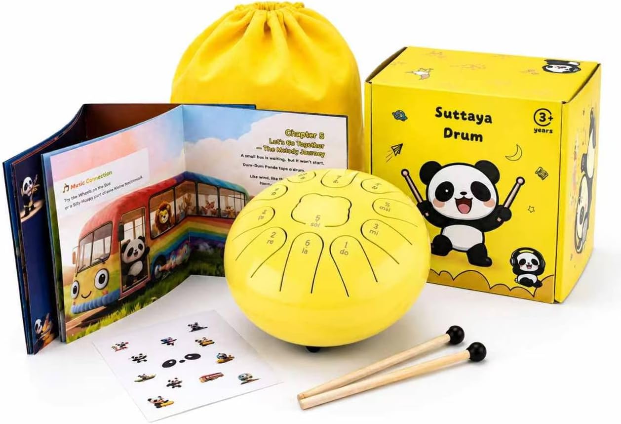Rain Drum for Outside, Steel Tongue Drum for Kids, 6-Inch 11 Notes Musical Gift for Children and Hobbyists - Bedtime Story and Drum with Mallets & Stickers by Suttaya (Yellow)