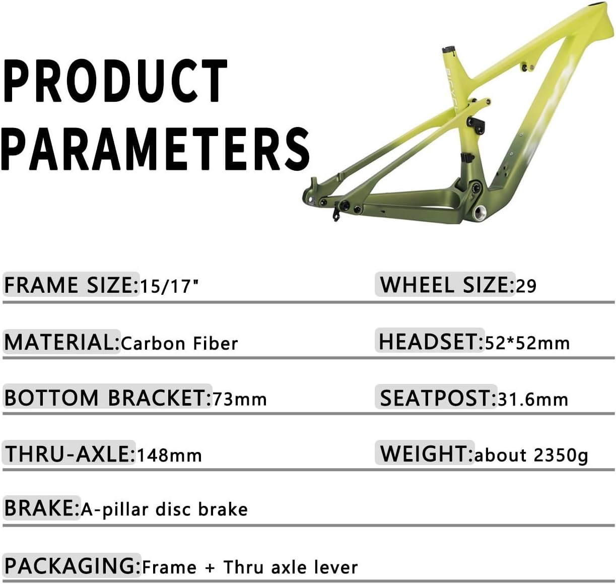 Softtail Mountain Bike Frame 29er Carbon Suspension Bicycle Frames 15'' 17'' 148mm Thru Axle Frameset Disc Brake BB 73mm