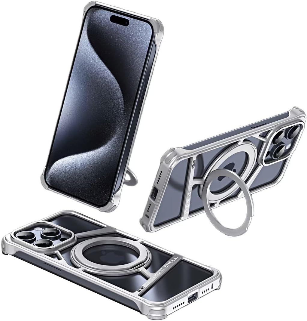 Metal Frameless Case for iPhone 14 Promax，360° Rotate Kickstand, Magnetic Ring Stand Aluminum Alloy + Soft Silicone Bezel Less Slim Hard case，Silver