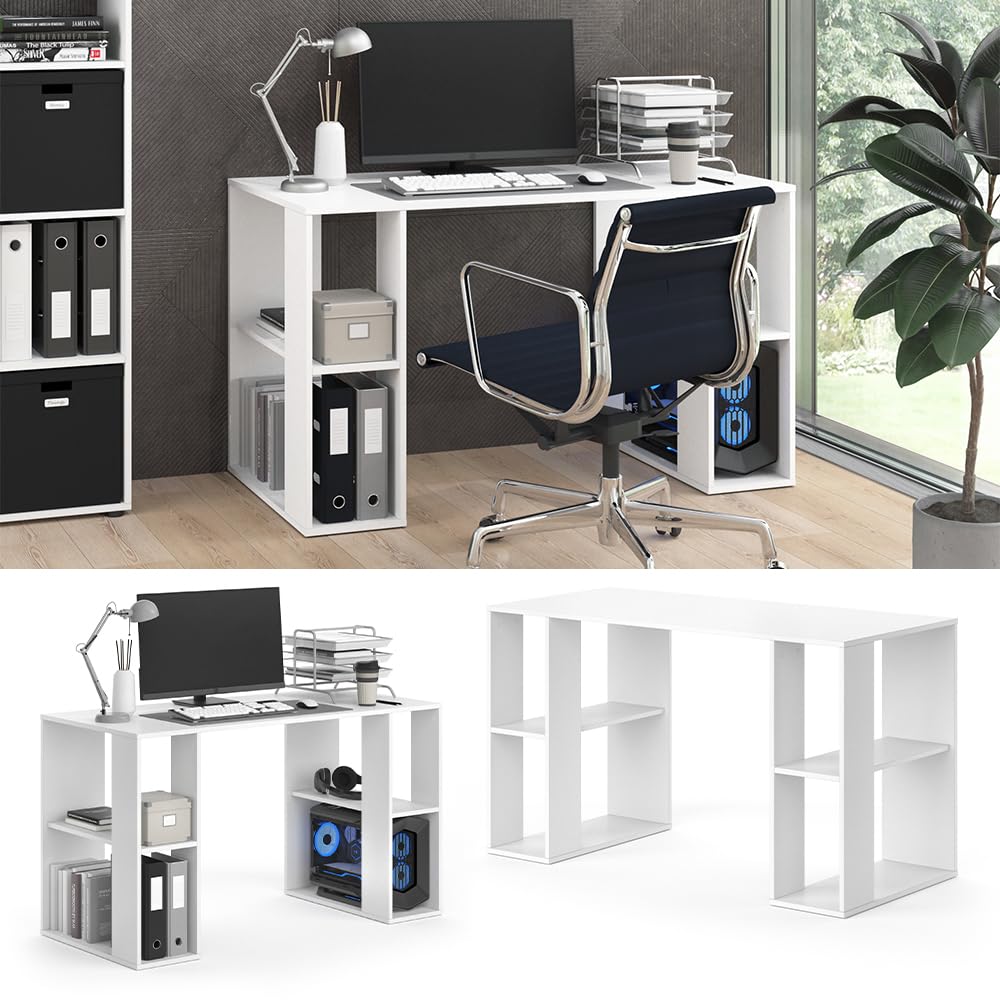 Vicco Bureau Arian, Blanc, 130x60cm | avec compartiments latéraux ouverts pour espace de rangement supplémentaire
