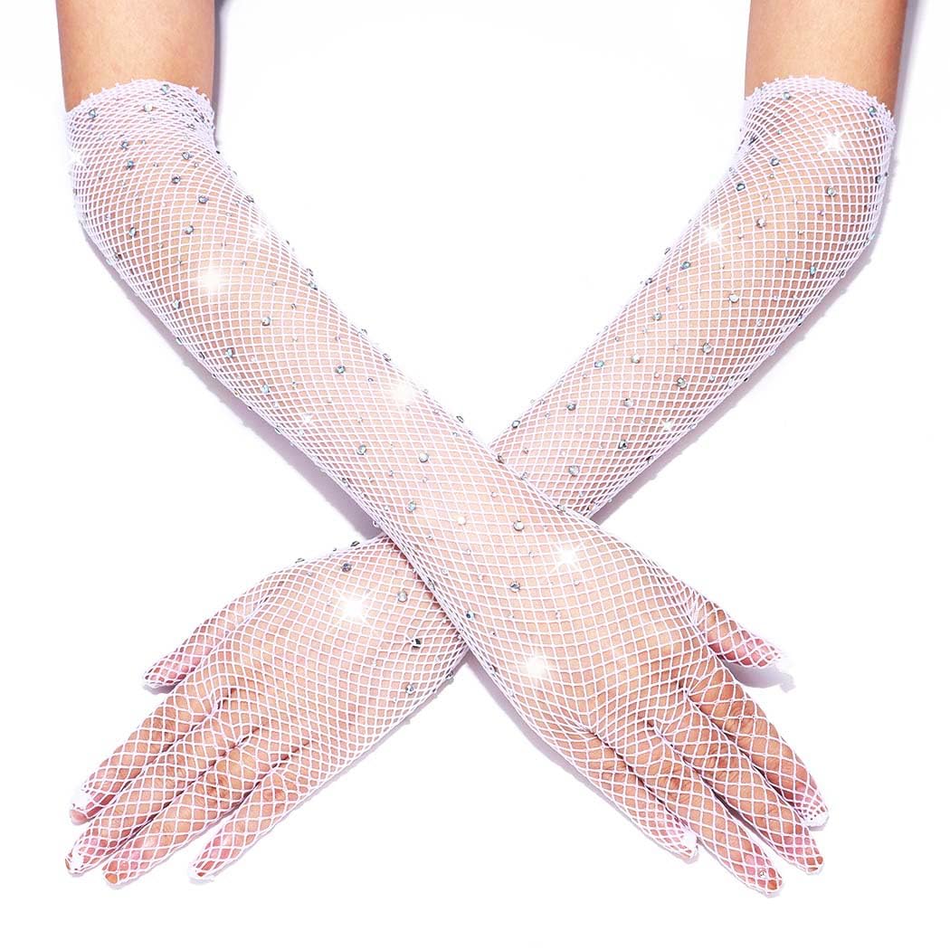 GORTIN Rhinestone Fishnet Long Gloves - Glitter Mesh Elbow Length Rave Gloves for Halloween, Opera Costume