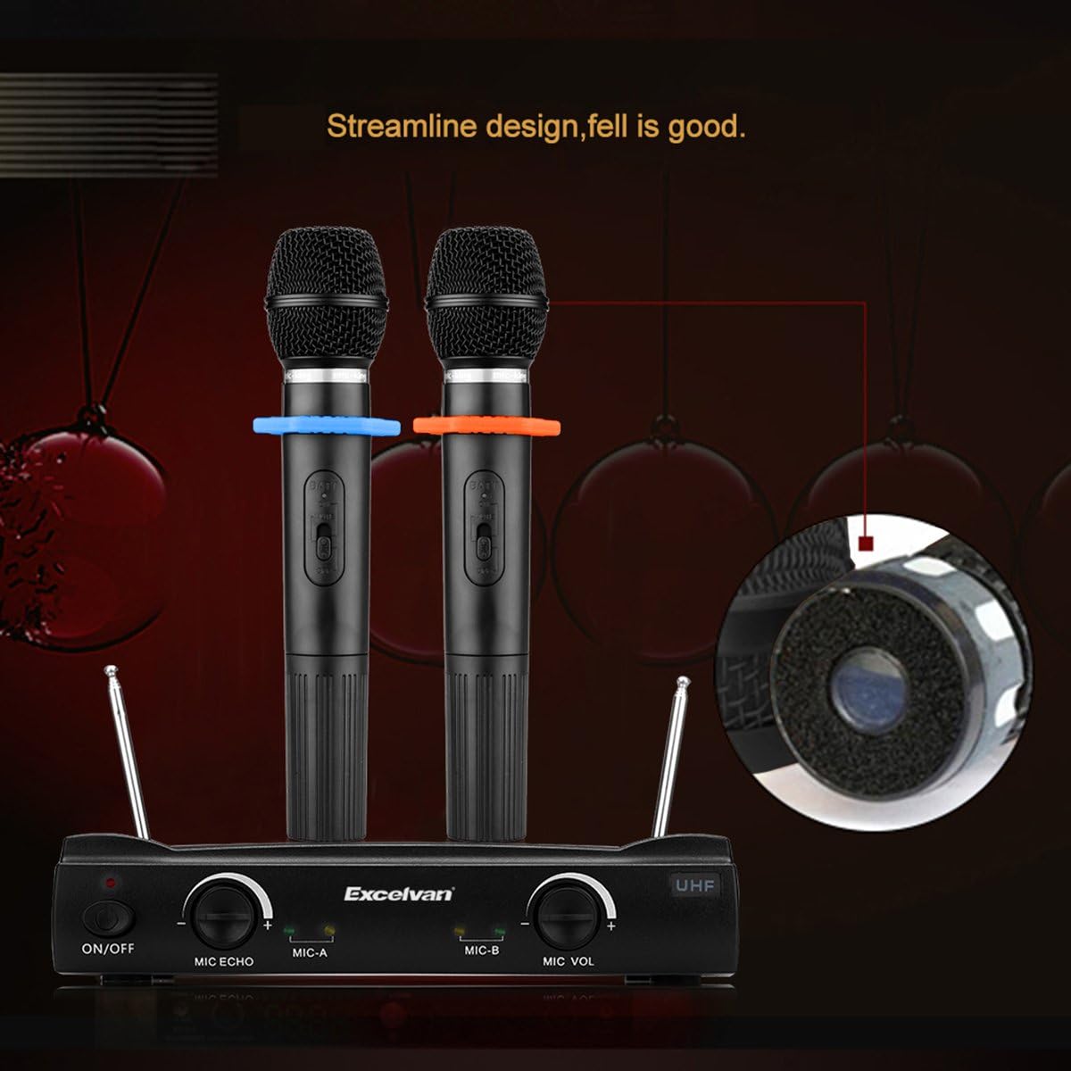 Image showing the two wireless microphones placed on top of the receiver unit, highlighting their design and wireless capability.