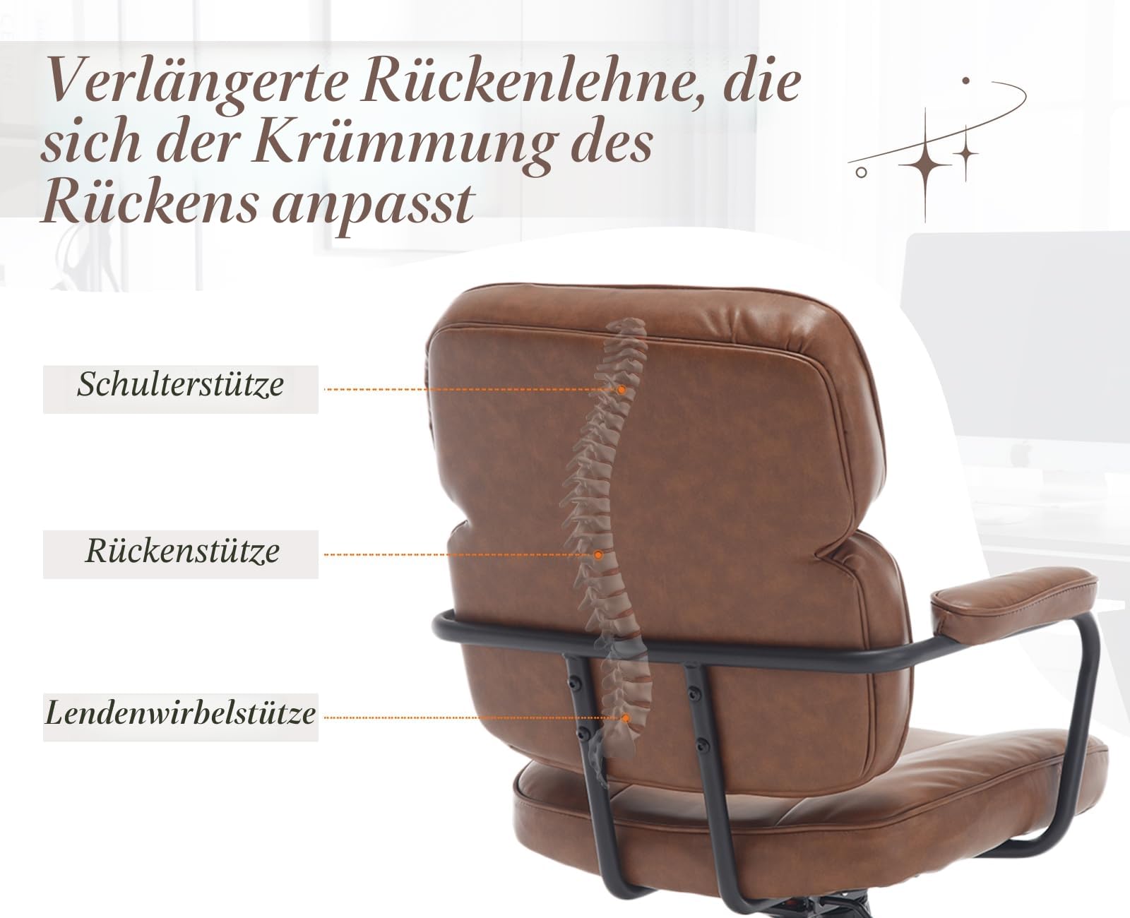 chairus Schreibtischstuhl Bürostuhl Ergonomisch PU Leder, Drehstuhl Braun | 360° Computerstuhl mit Armlehnen, Bürosessel Höhenverstellbarer für Arbeitszimmer Homeoffice Büro Wohnzimmer Schlafzimmer