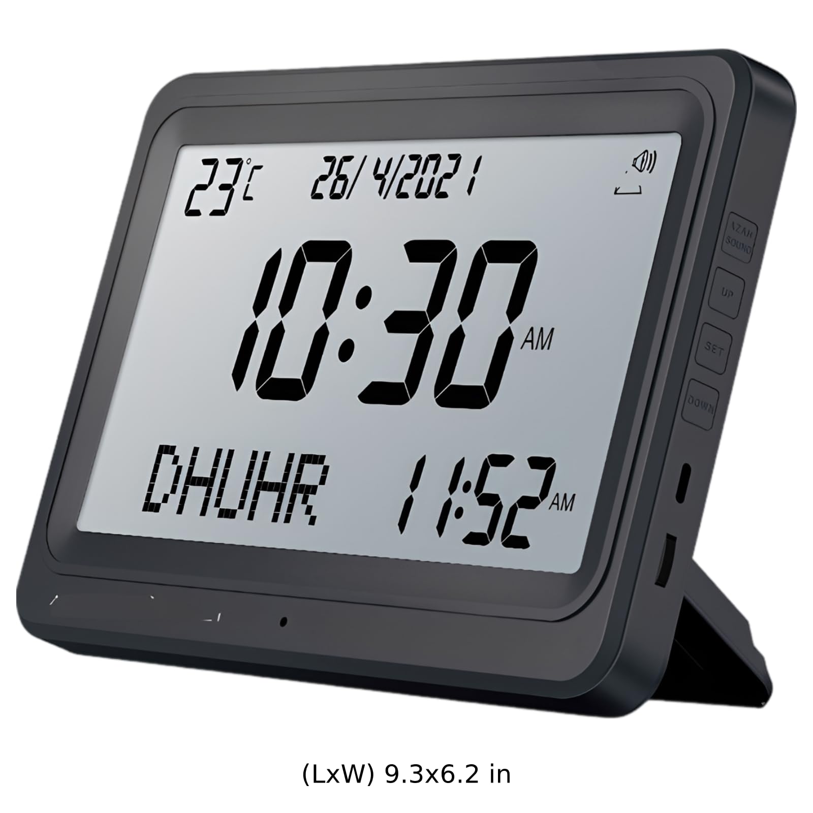 Horloge Azan Clocks pour l'appel à la prière musulmane avec son, pour la maison, bureau ou table, calendrier islamique numérique et affichage de température, réveil de prière USB ou piles, noir
