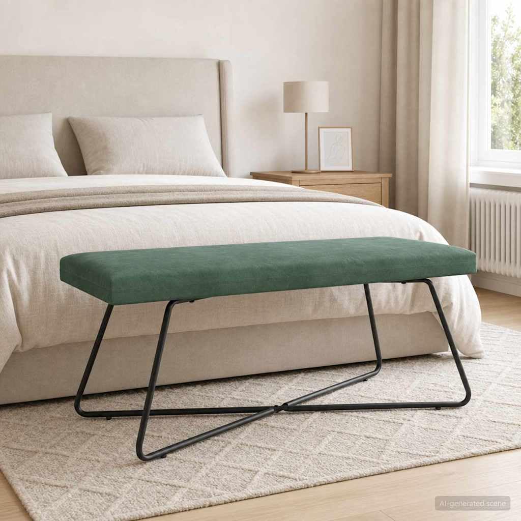 Ławka w kolorze morskiej zieleni, 110 x 40 x 45 cm, aksamitny materiał drewnopochodny, metalowa, wyściełana, salon, sypialnia, korytarz, korytarz, jadalnia, ławka z poduszką i półką do