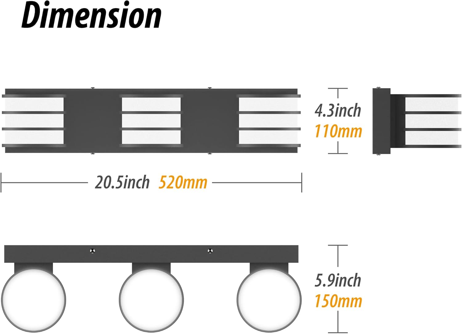led bathroom vanity light - 20.5 inch black 3-light fixture with white acrylic shades, 6000k cool white, mirror lighting for bathroom, bedroom, hallway, living room wall sconce 3 lights black
