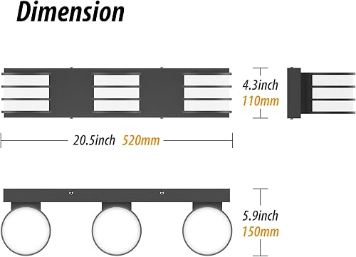 Miniatura 2 de Lámpara de tocador de baño negra de 20.5 pulgadas, iluminación LED blanca de 6000 K, lámpara de pared moderna acrílica (3 luces)
