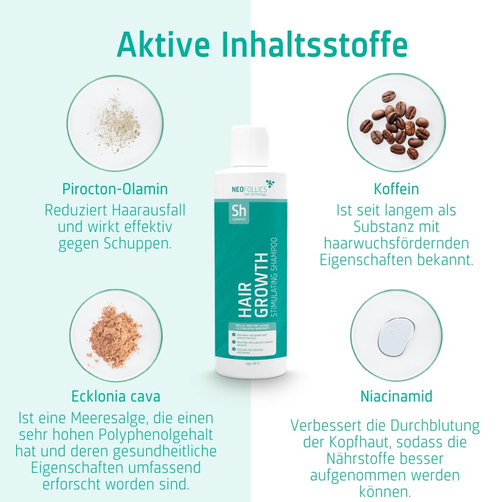 Neofollics - Haarwuchs stimulierendes Shampoo - Haarwuchsmoleküle + 7 Pflanzenextrakte und Arganöl - frei von Parabenen, Sulfaten und Silikonen