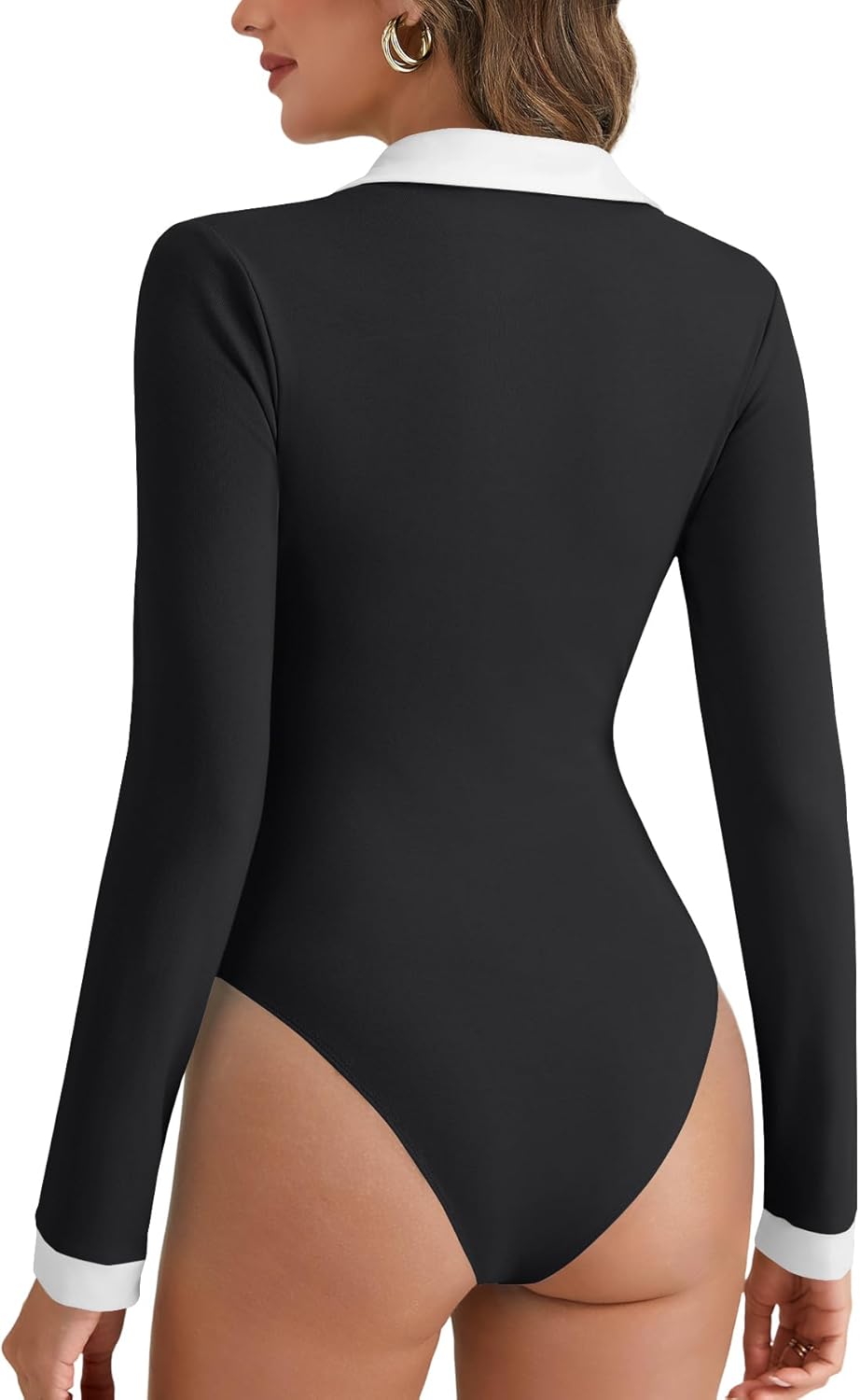 Rooscier Women's Ringer Collar Neck Button Down Ribbed Knit Long Sleeve Slim Fit Bodysuit Top - Image 5