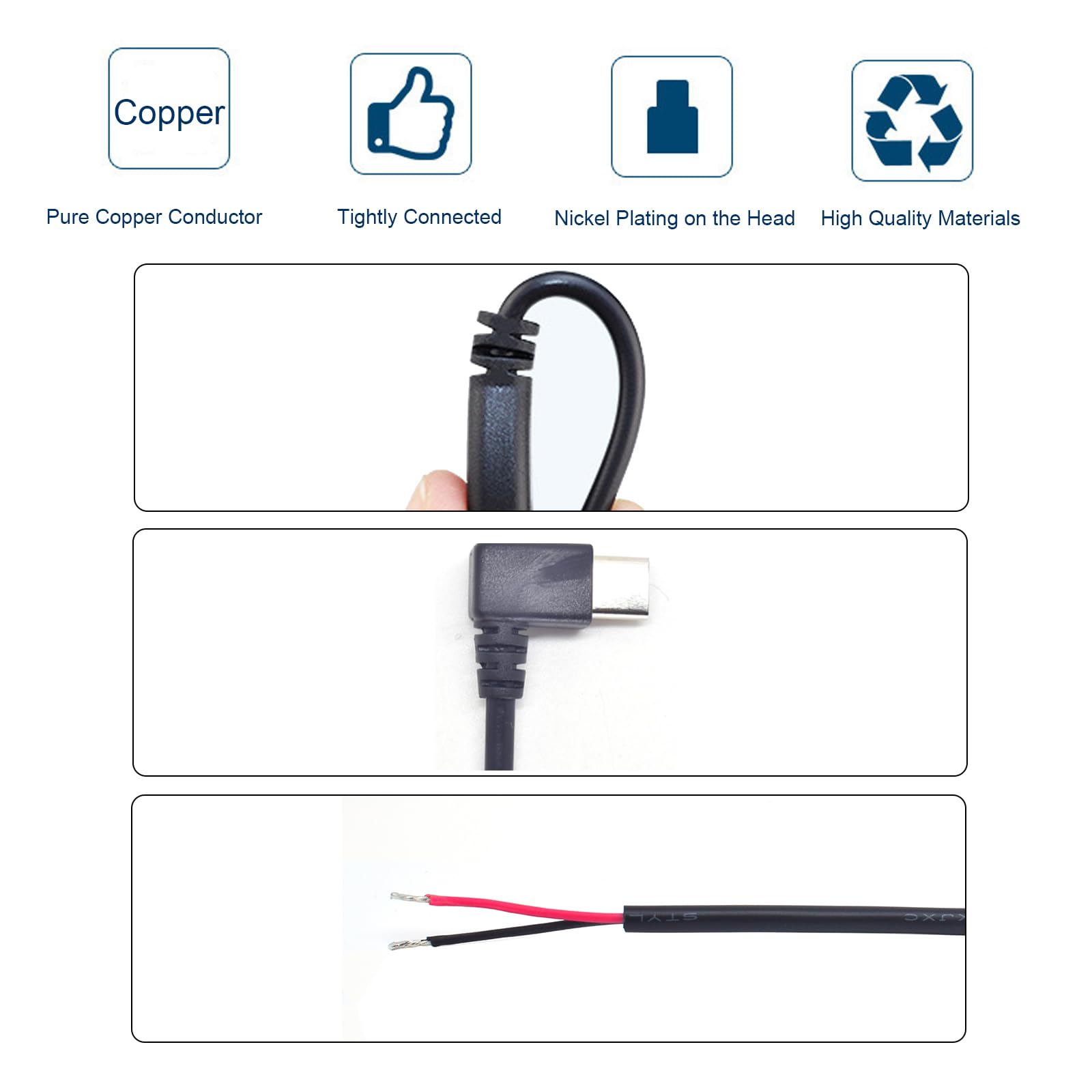 3 connettori da 0,3 m, 22 AWG, 90 gradi USB-C a 2 pin, connettore a estremità aperta, 5 V 3 A, cavo USB tipo C ad angolo sinistro e destro, prolunga di ricambio fai da te