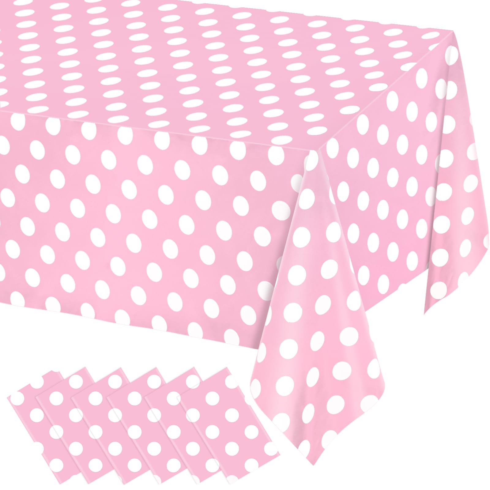 WNINK 6 Pack Light Pink and White Polka Dot Tablecloths, Pink Disposable Plastic Table Cover for Birthday, Wedding, Bachelor, Pink Girl Party, and Picnic Camping Parties 54" x 108"