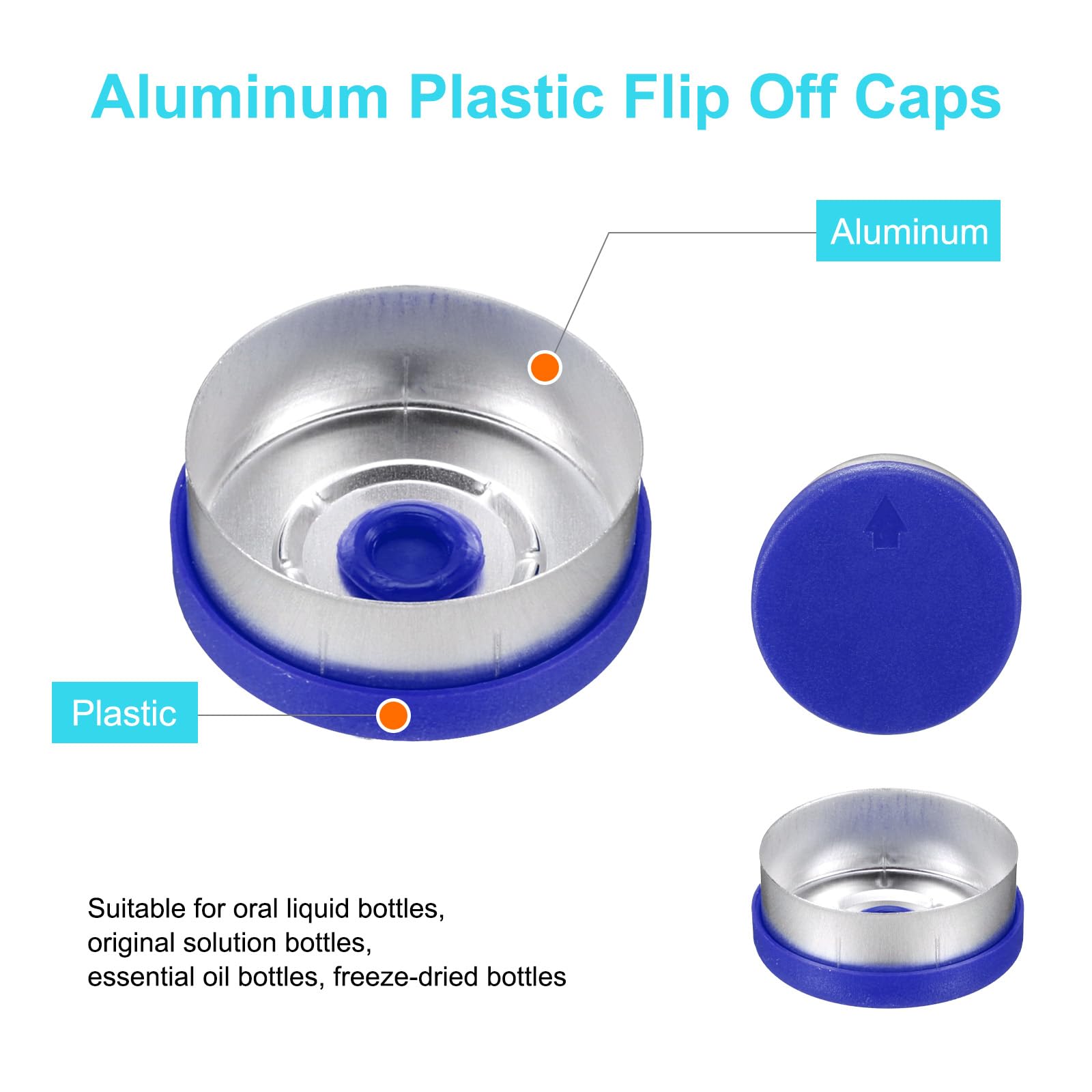QUARKZMAN 20 mm czapki z klapką, 100 szt. górnych zatyczek bez zadziorów, uszczelki, fiolki, plastik, aluminium, pokrywa na szklane butelki, niebieski/srebrny