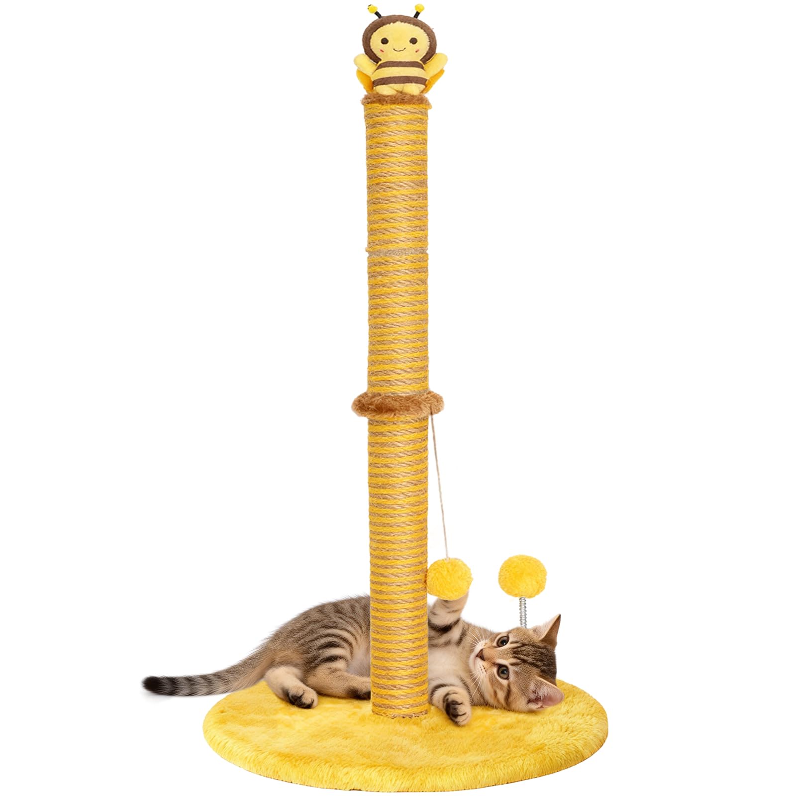 VIEFIN Bee Cat Scratching Post, 36" Tall Cat Scratcher for Indoor Cats - Modern Sisal Scratch Post with Dangling Ball & Plush Toys for Kittens and Adult Cats